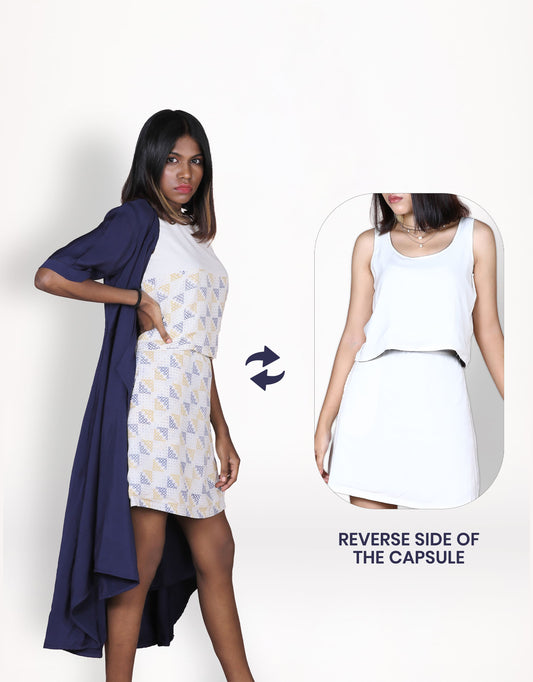 Hueloom's twilight capsule with wrap dress, top and skirt in white and navy kolam print with reverse side.