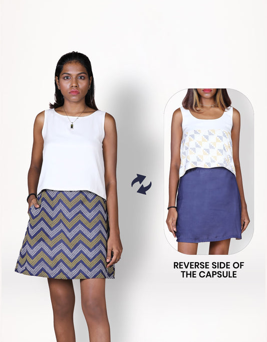 Hueloom's timeless capsule in white and navy kolam print with reverse side.
