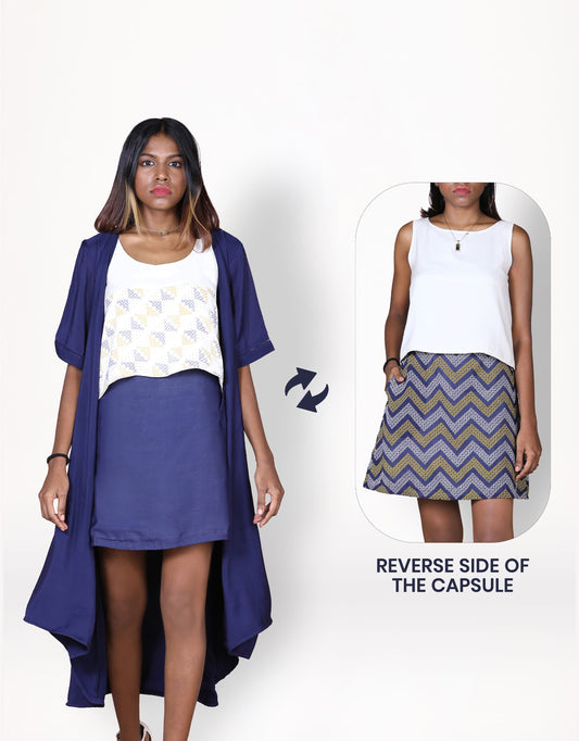 Hueloom's waterfall capsule wrap dress, top and skirt in white and navy kolam print with reverse side.