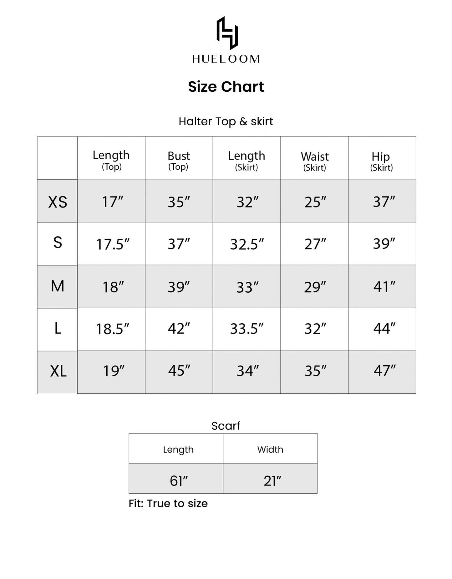 Hueloom's size chart for sizes XS, S, M, L, XL and scarf length guide for allure capsule.
