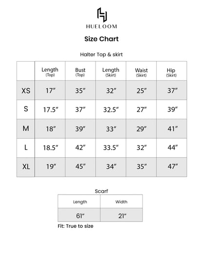 Hueloom's size chart for sizes XS, S, M, L, XL and scarf length guide for allure capsule.