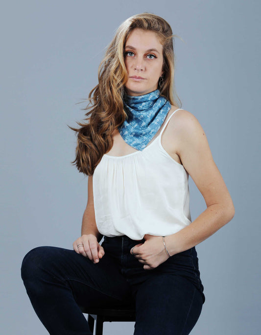 Hueloom's blue-grey brahmi printed neck scarf.