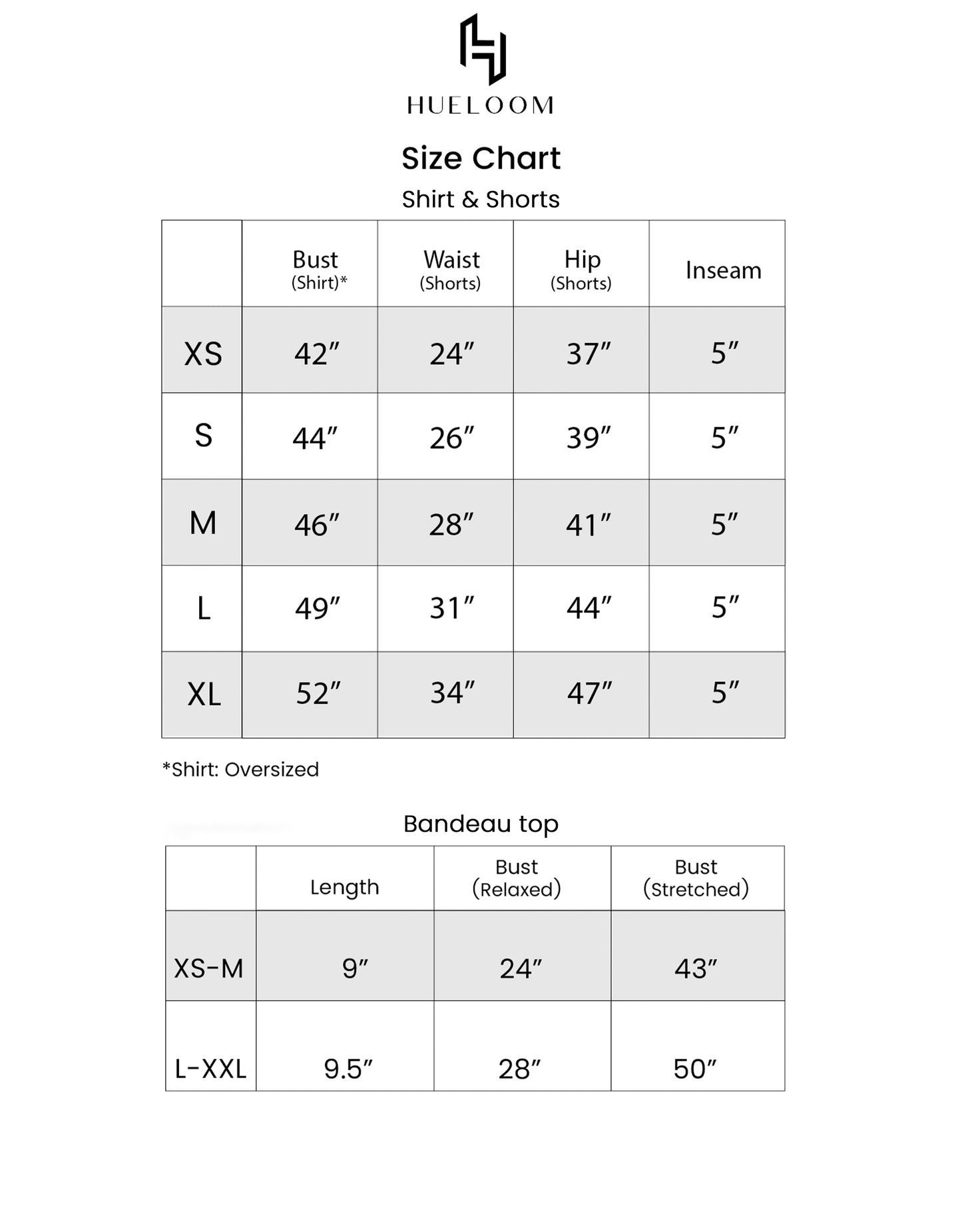 Hueloom's size chart guide for sizes XS, S, M, L, XL for the cosmopolitan convertible capsule