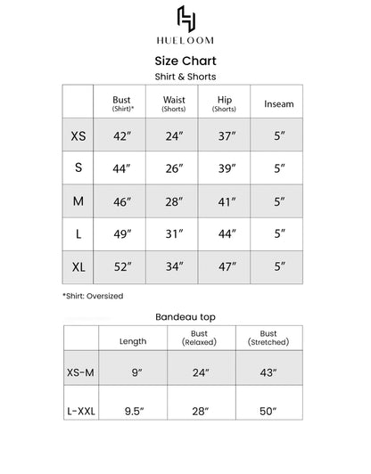 Hueloom's size chart guide for sizes XS, S, M, L, XL for the cosmopolitan convertible capsule