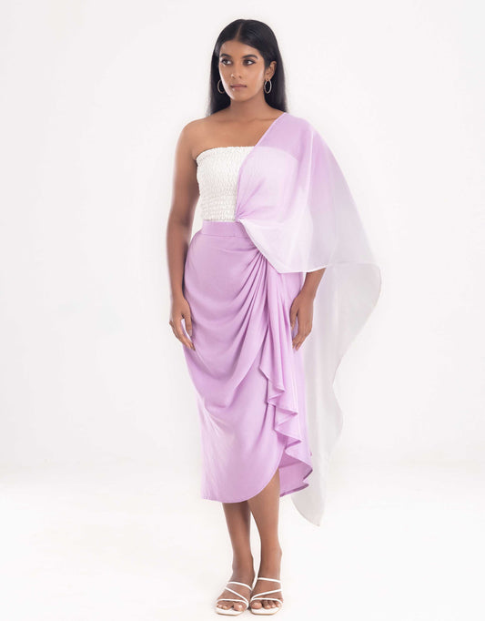 Hueloom LIT capsule in lavender with top and skirt: front view of a reversible and convertible outfit option.