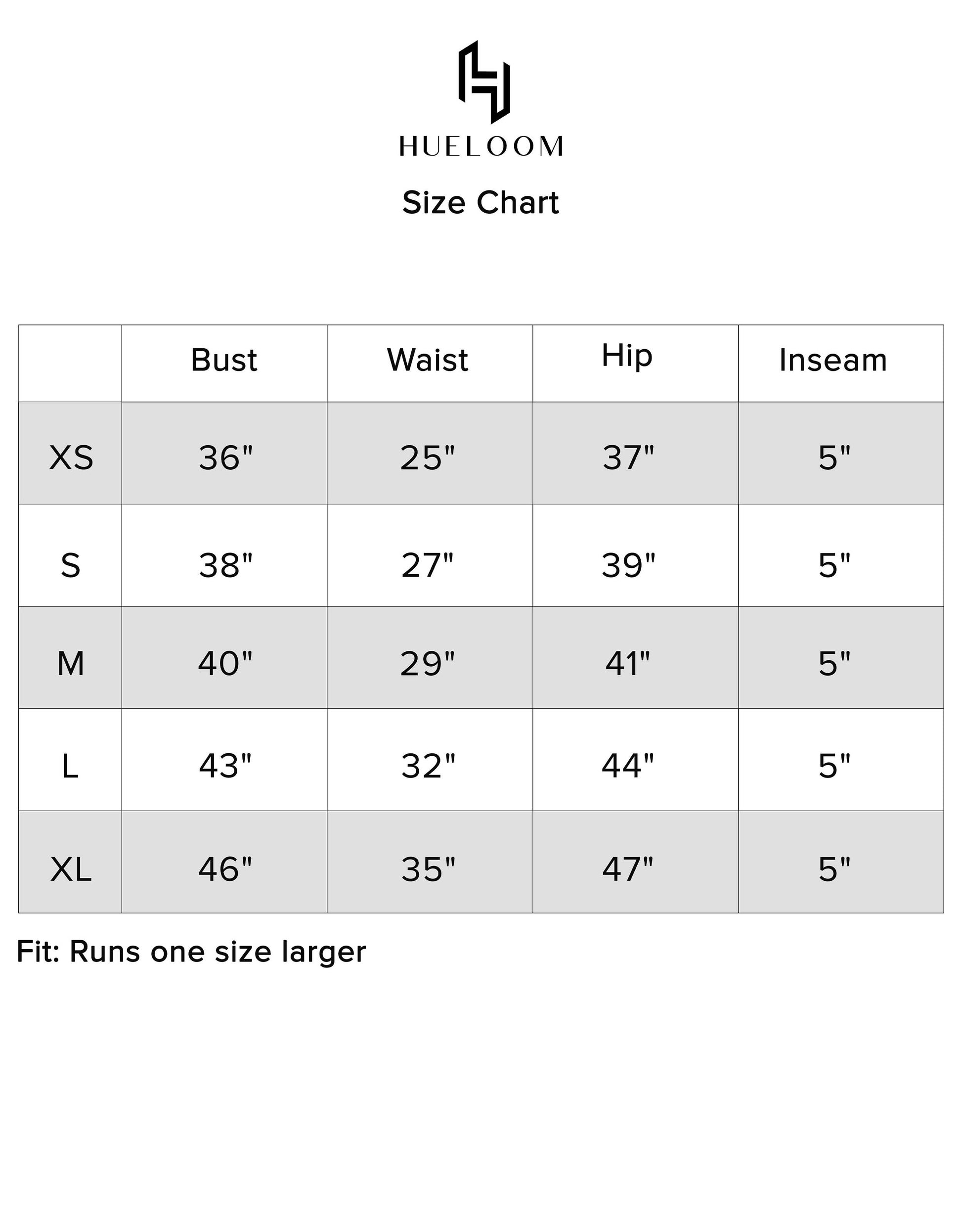 Hueloom navy detachable romper size chart display for accurate sizing.