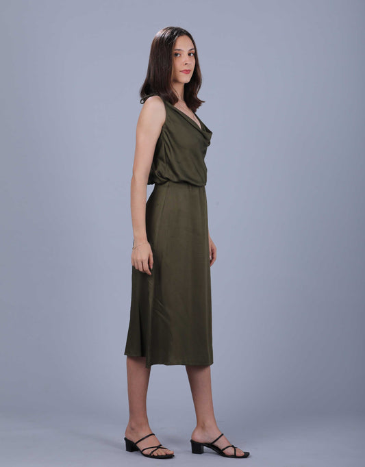 Hueloom's olive green 2 piece dress with cowl neck top and skirt.