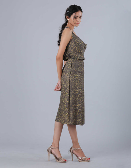 Hueloom's olive green printed 2 piece dress with cowl neck top and skirt.