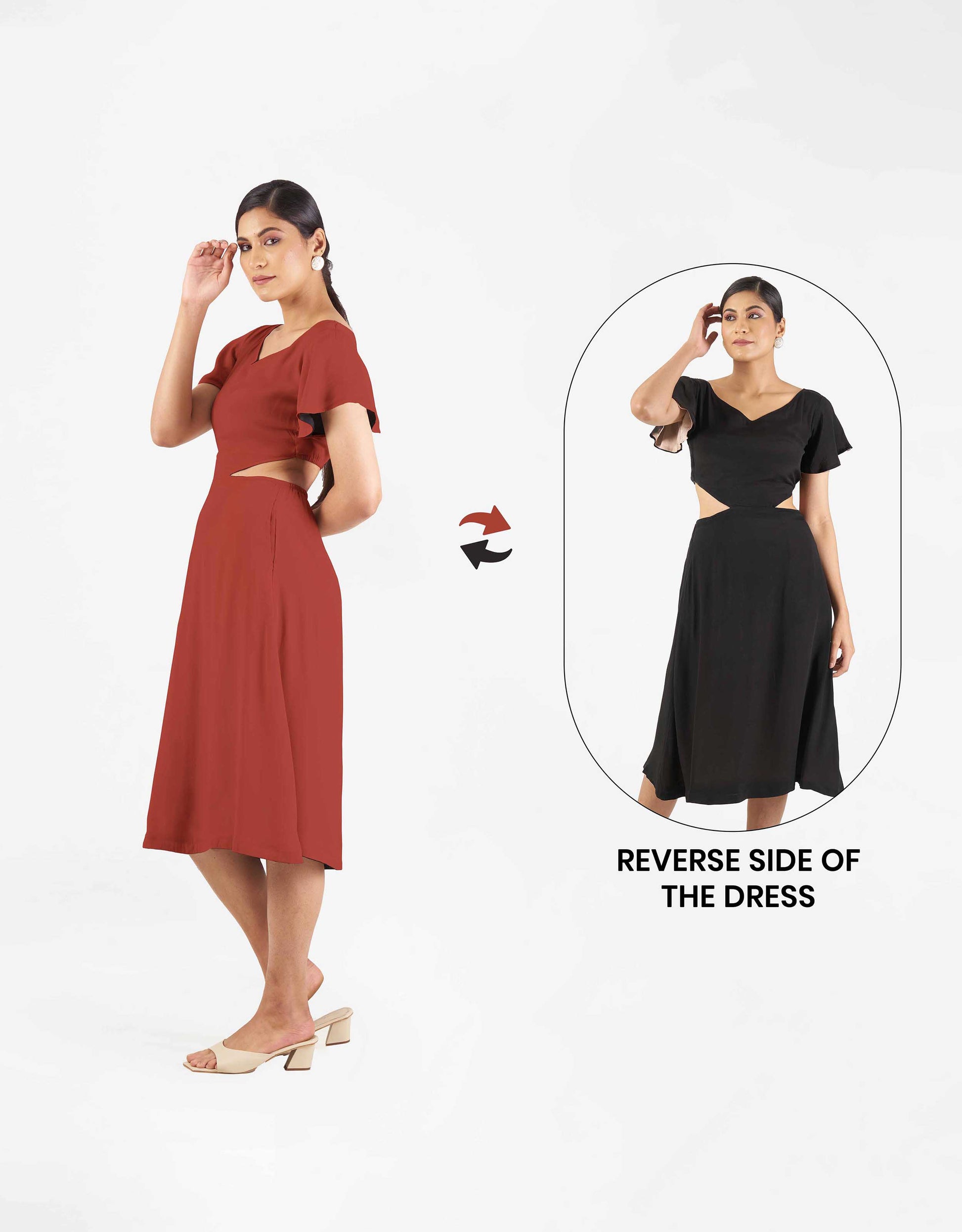 Front view of Hueloom's Reversible Cut-out dress in rust colour with black reverse side.
