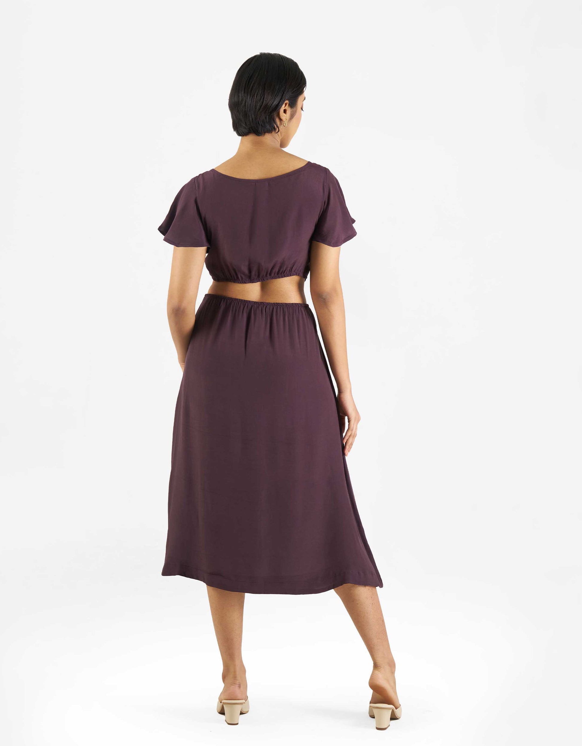 Back view of Hueloom's Reversible Cut-out dress in purple.