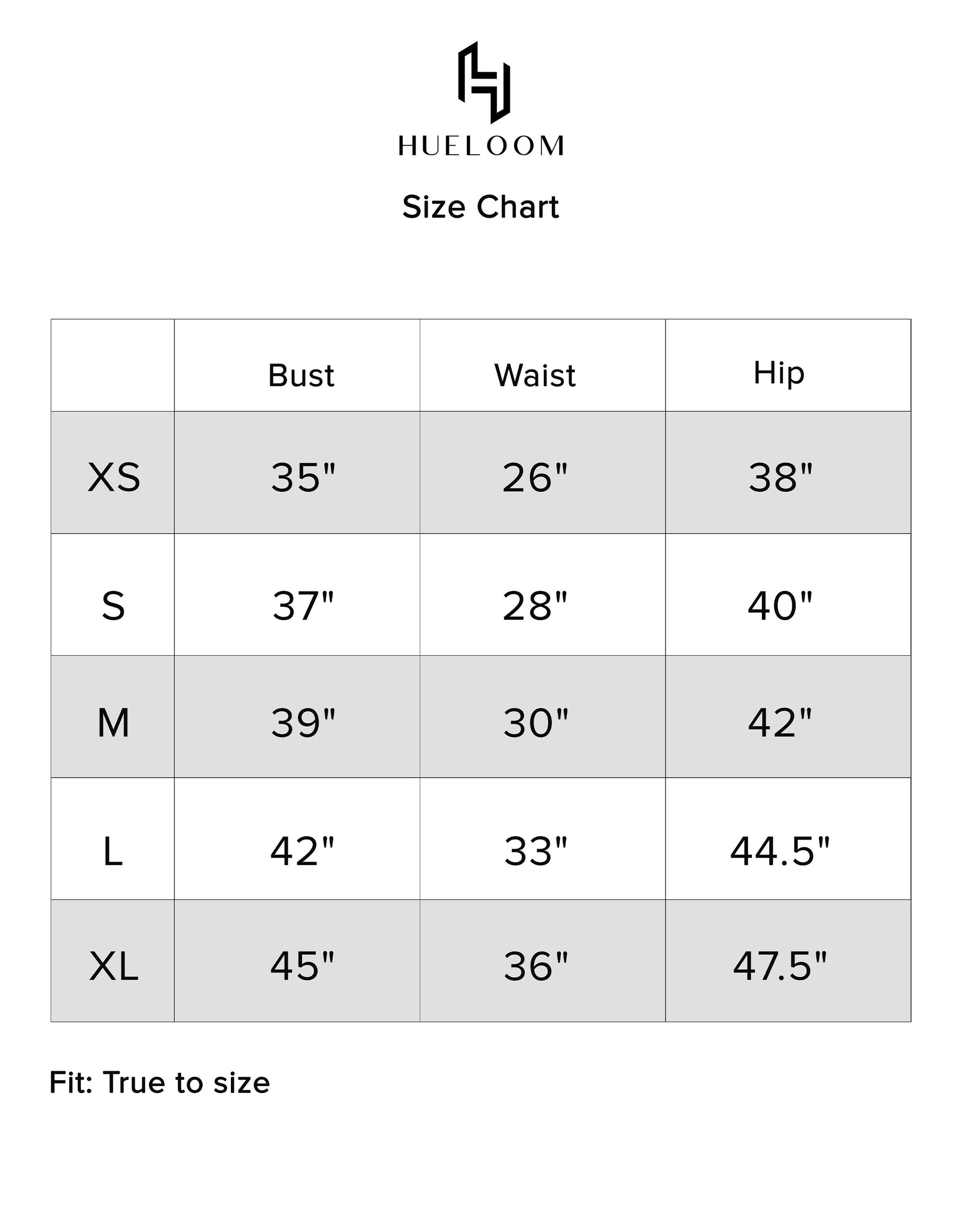 Hueloom Reversible Cut-out dress size chart display for accurate sizing.