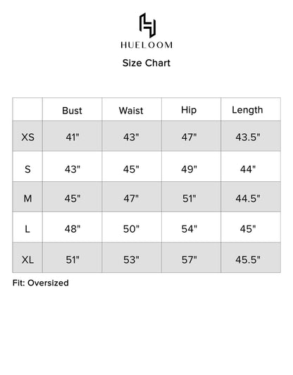 Hueloom Reversible Jumpsuit size chart display for accurate sizing.