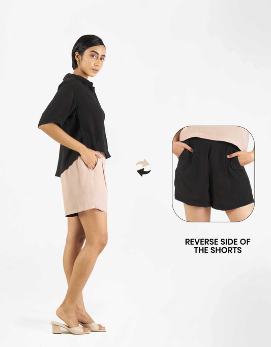 Front view of Hueloom's Reversible Shorts in champagne with black reverse side.