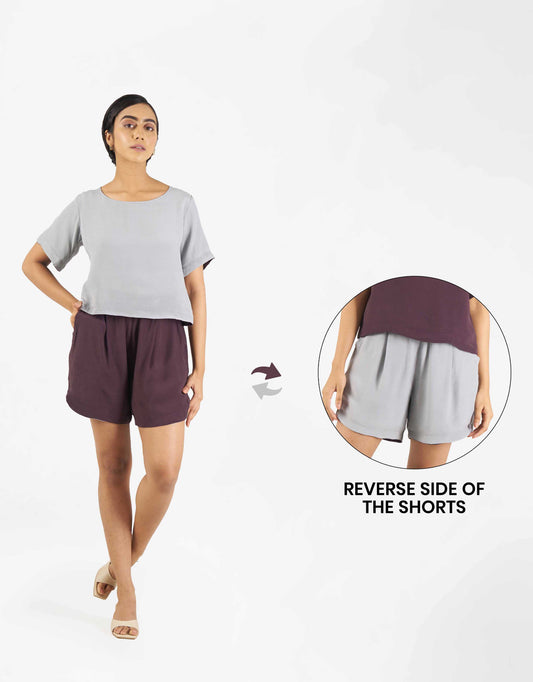 Front view of Hueloom's Reversible Shorts in purple with grey reverse side.