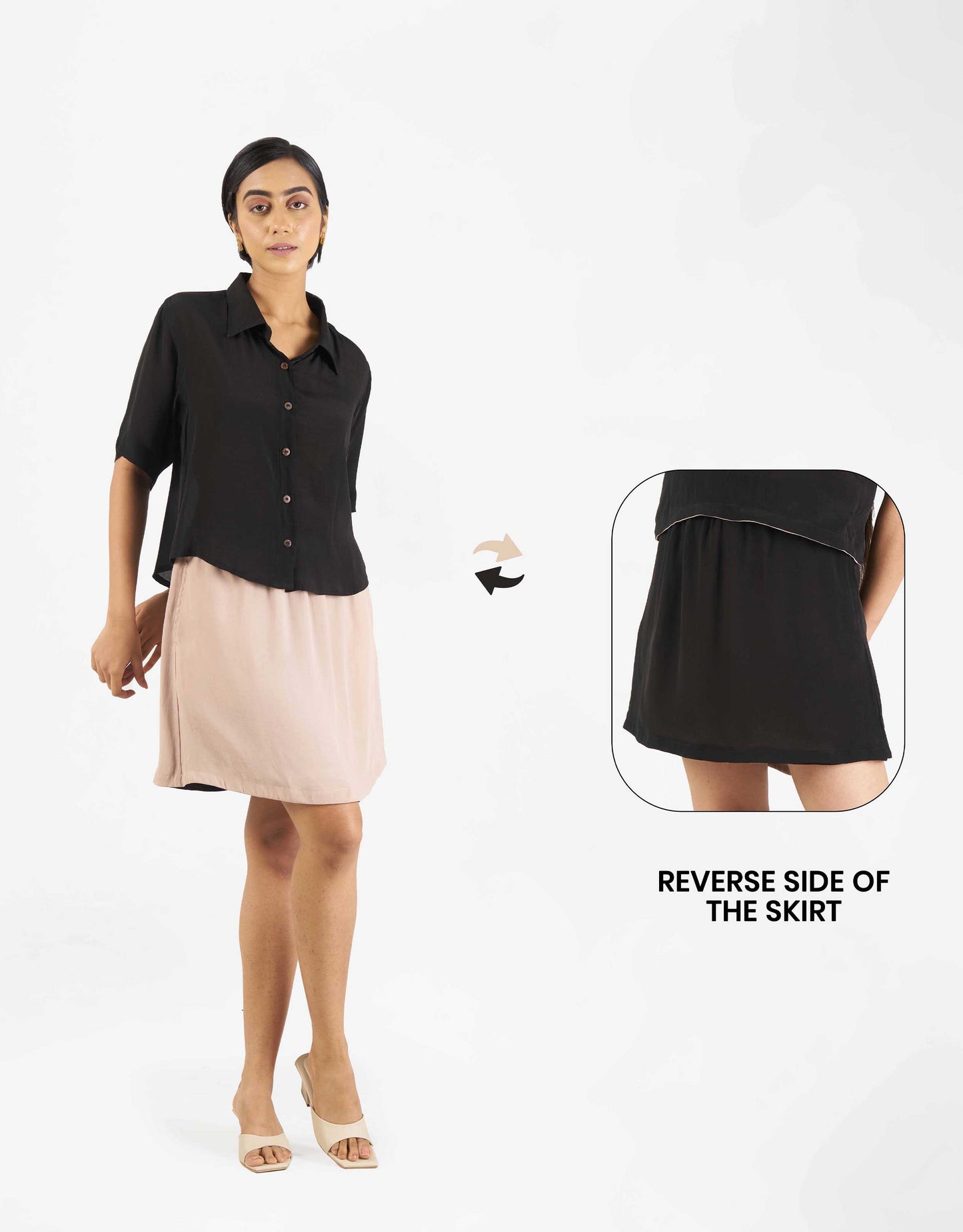 Front view of Hueloom's Reversible Skirt in champagne with black reverse side.