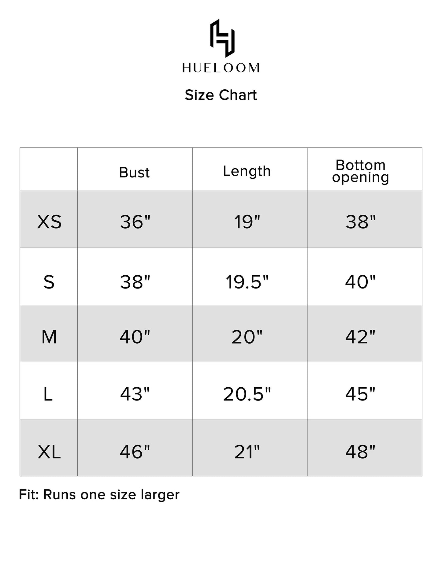 Hueloom Verso Reversible Top size chart display for accurate sizing.