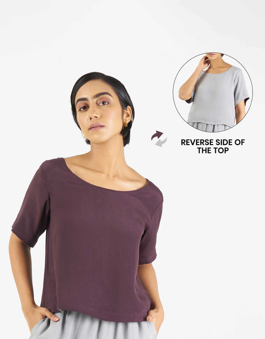 Front view of Hueloom's Reversible Top in purple with grey reverse side.