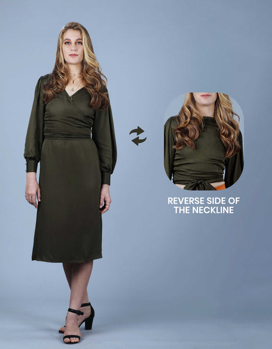 Hueloom's simply green capsule with bishop sleeve wrap top and skirt with reverse wrap side.