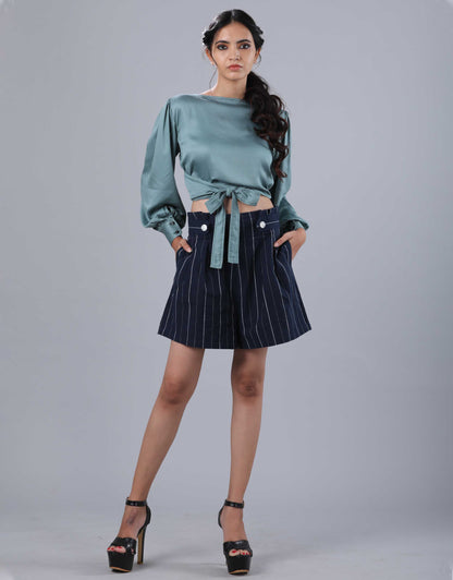Front view of Hueloom's slate grey 2 way wrap top with ensemble.