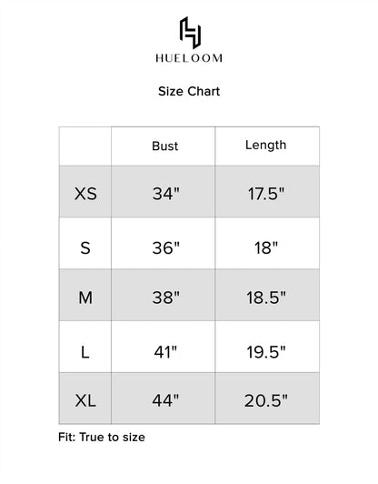 Hueloom slate grey 2-way wrap top size chart display for accurate sizing.