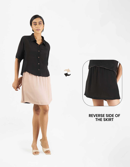 Front view of Hueloom's star-ter capsule with boxy shirt and skirt in black and champagne with reverse side.