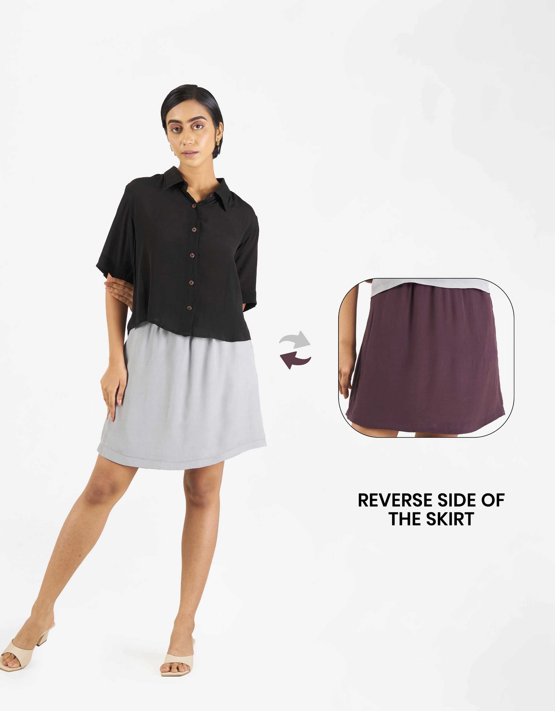 Front view of Hueloom's star-ter capsule with boxy shirt and skirt in black, purple and grey with reverse side.