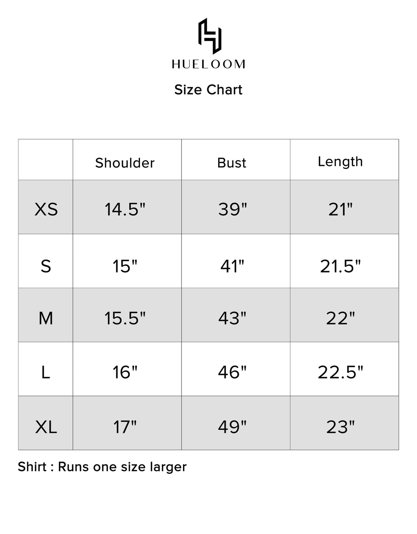 Hueloom Boxy shirt size chart display for accurate sizing.