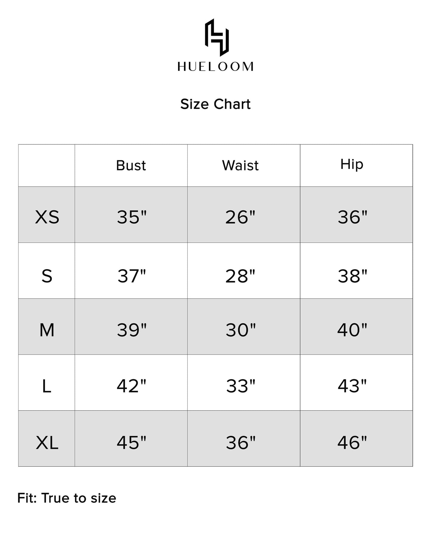 Hueloom wardrobe ally capsule size chart display for accurate sizing.