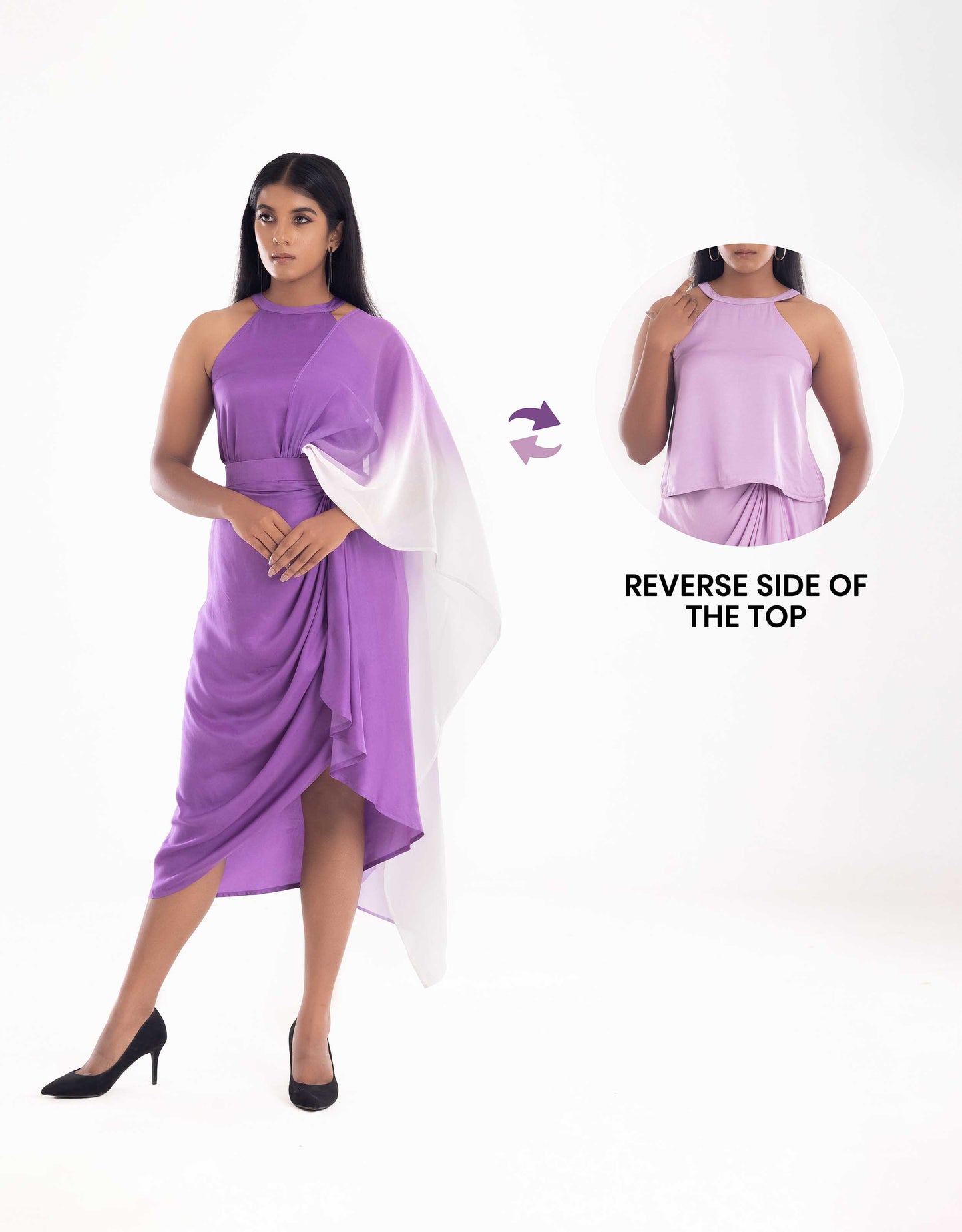 Hueloom purple Allure convertible capsule with top and skirt front view showing versatile reversible top option.