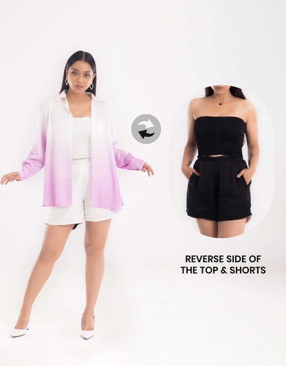 Front view of Hueloom's lavender Cosmopolitan Capsule with oversized shirt, bandeau top and shorts with reverse side of Bandeau Top.