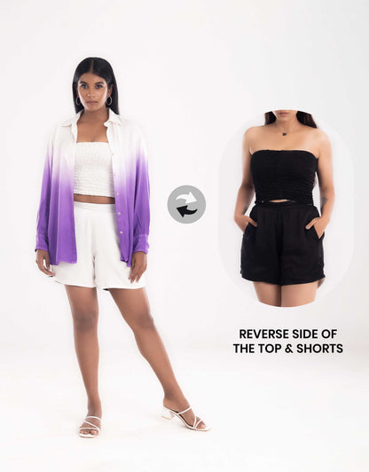 Front view of Hueloom's purple Cosmopolitan Capsule with oversized shirt, bandeau top and shorts with reverse side of Bandeau Top.