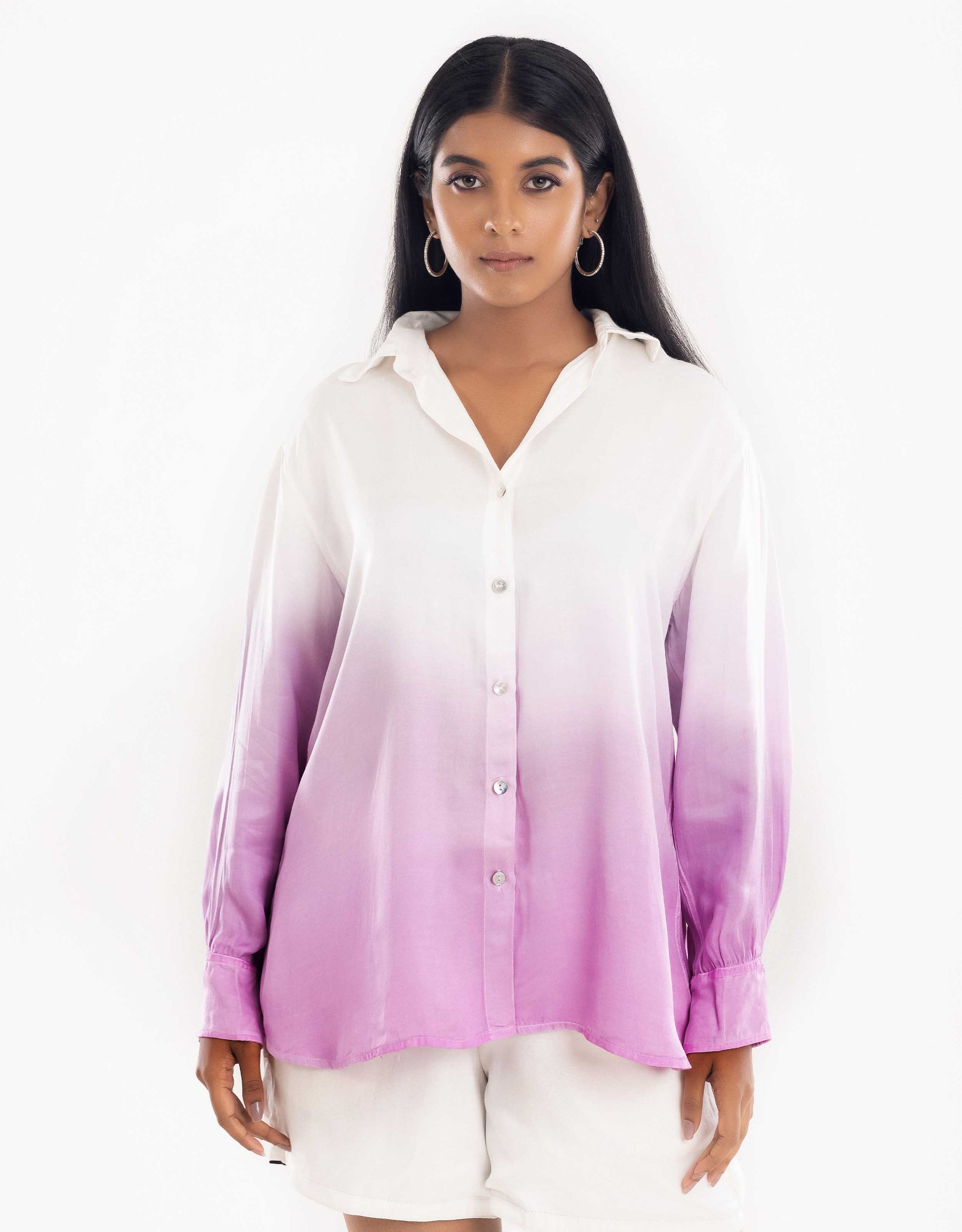Hueloom lavender convertible ombre oversized shirt front view in regular shirt style.