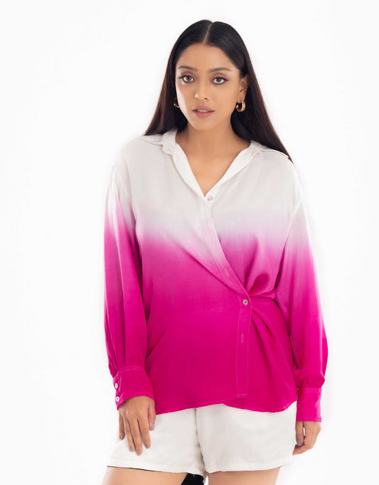 Hueloom pink convertible ombre oversized shirt front view in converted style.