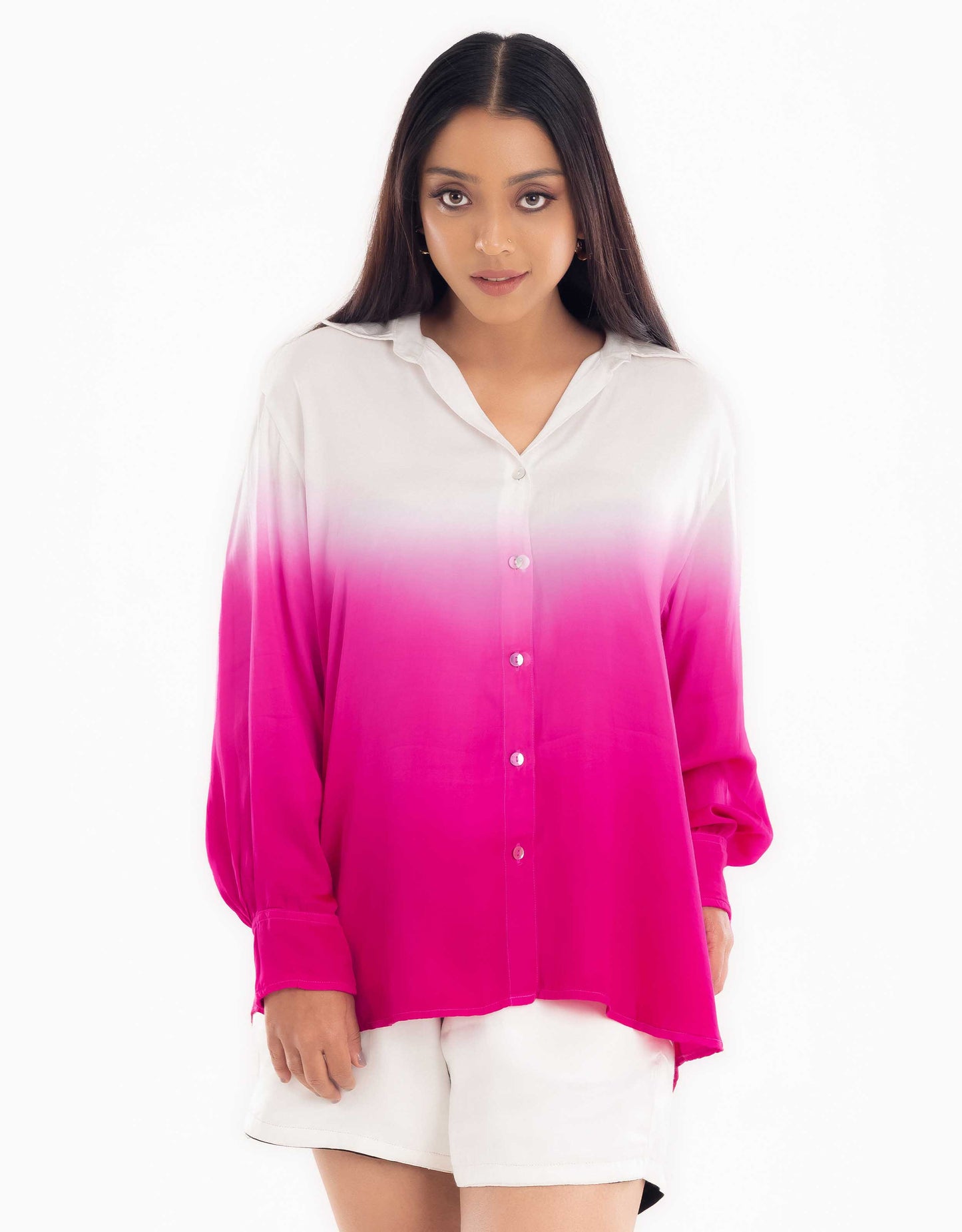 Hueloom pink convertible ombre oversized shirt front view in regular shirt style.