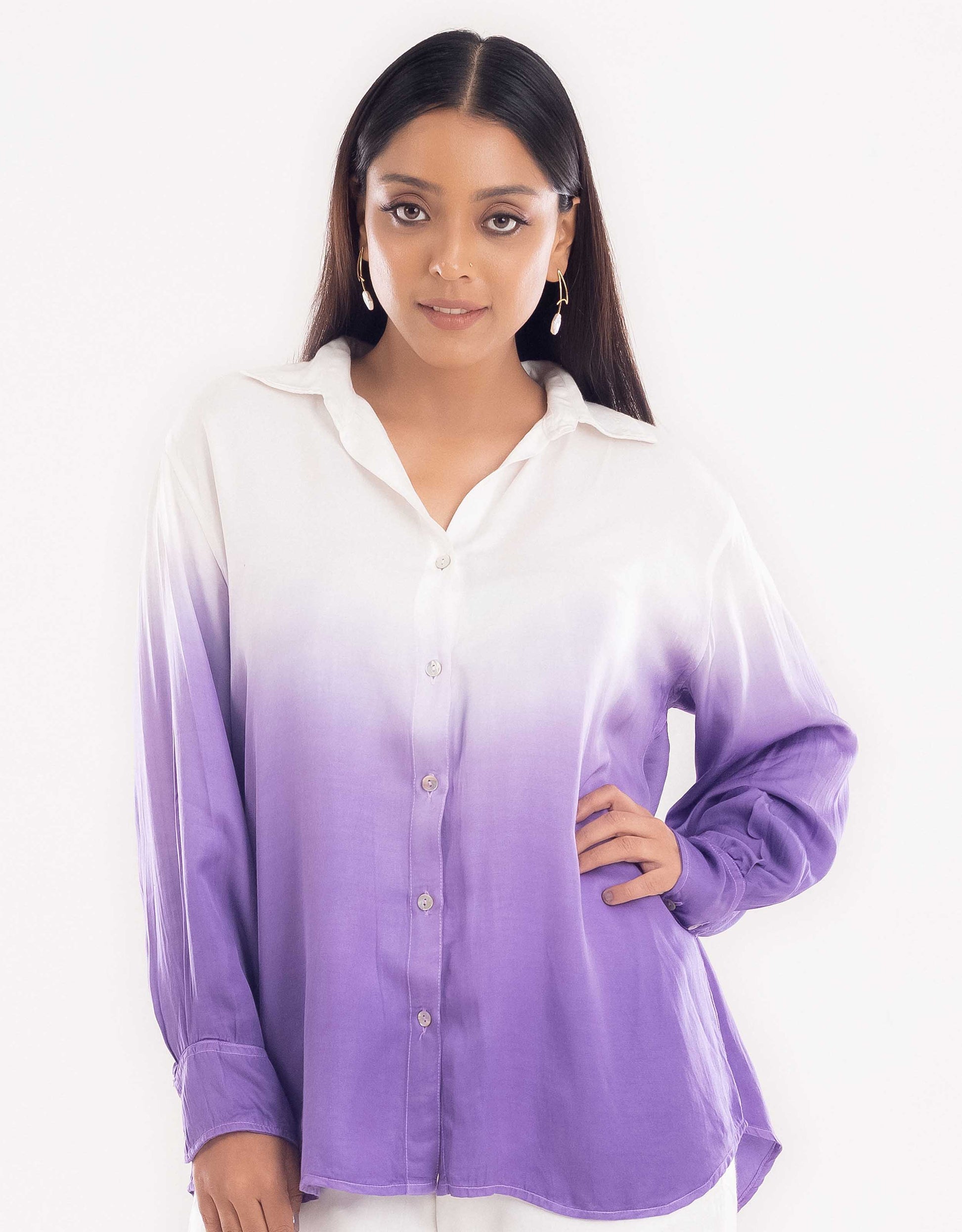 Hueloom purple convertible ombre oversized shirt front view in regular shirt style.