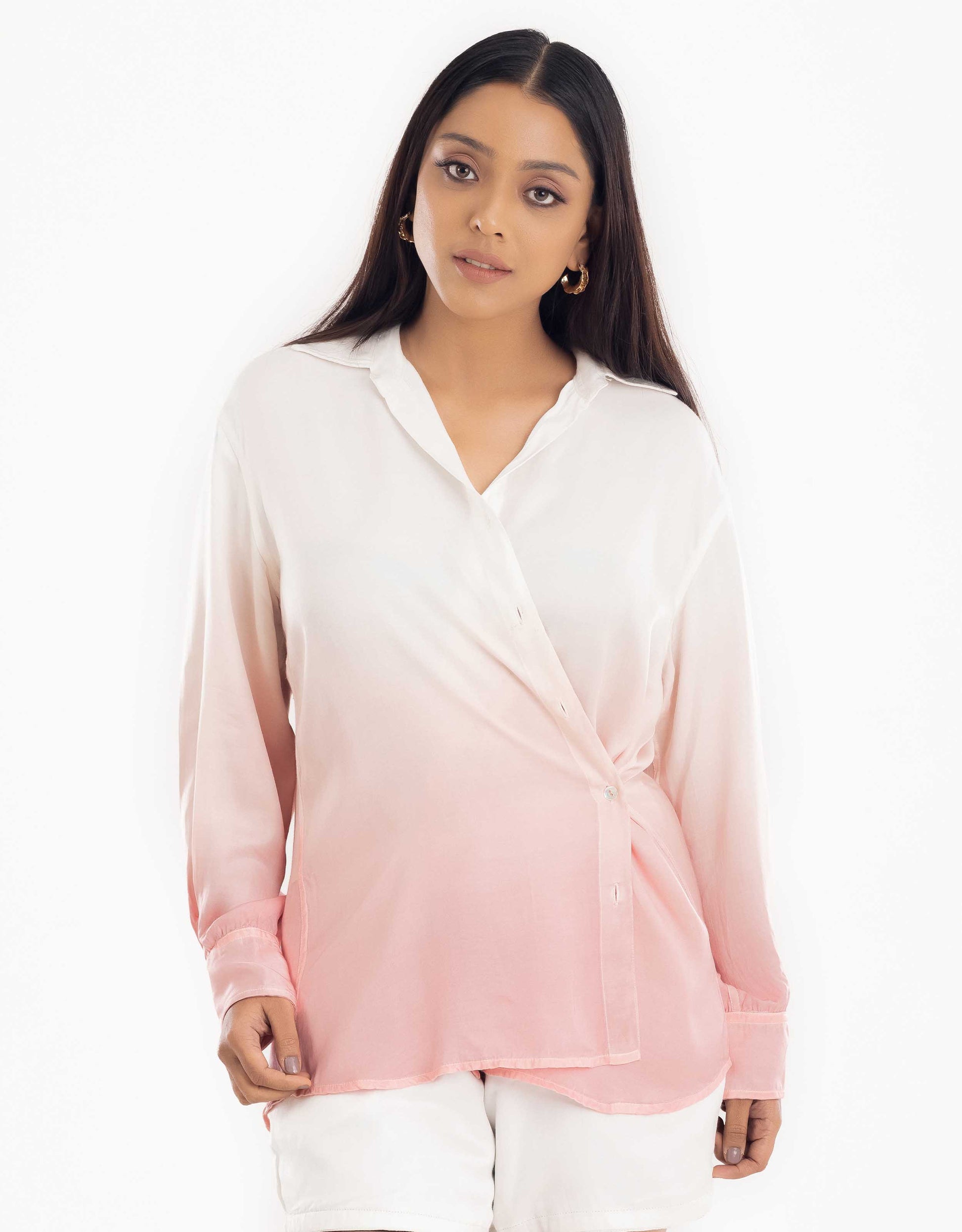 Hueloom rose-gold convertible ombre oversized shirt front view in converted style.