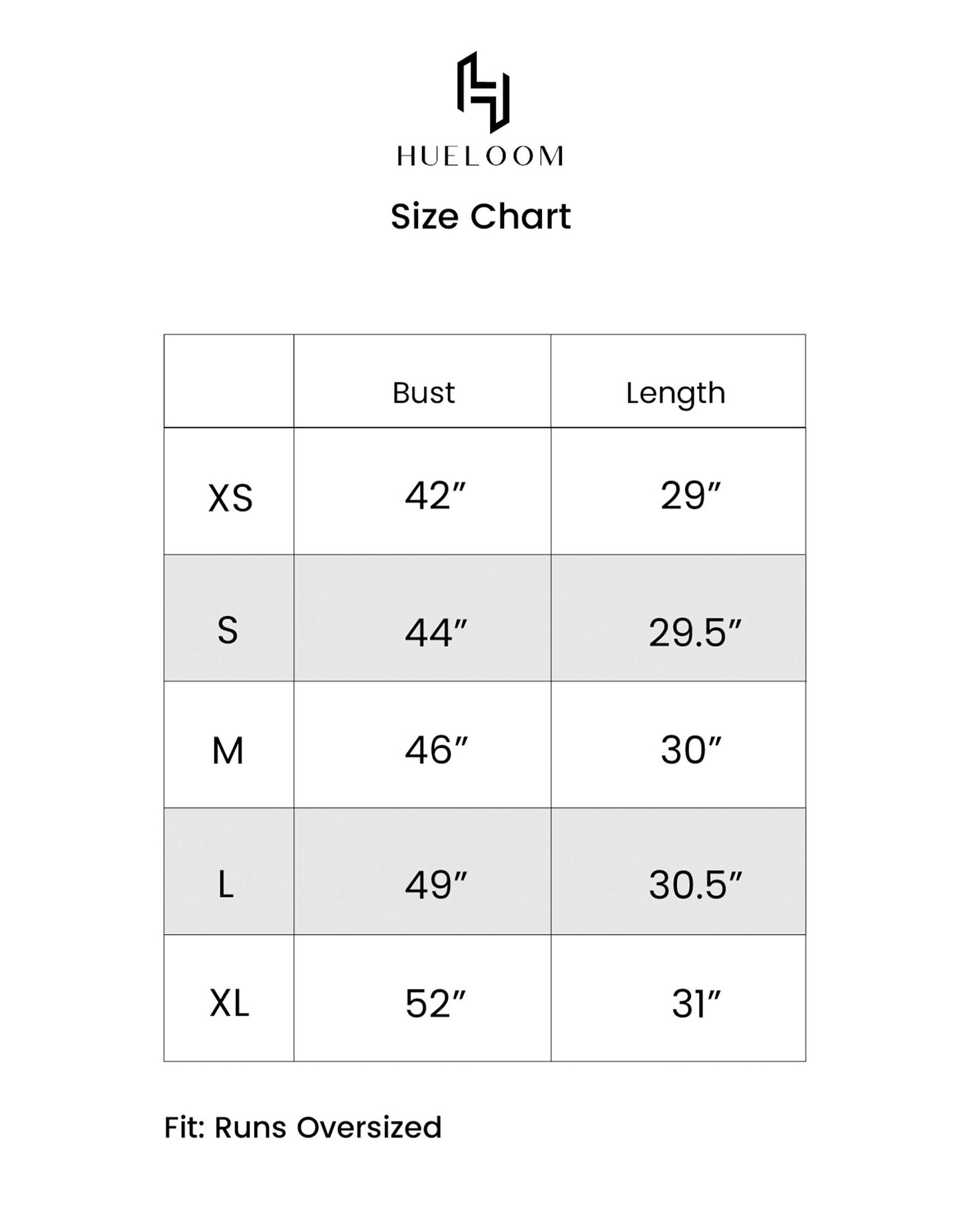 Hueloom's size chart guide for sizes XS, S, M, L, XL for ombre oversized convertible shirt