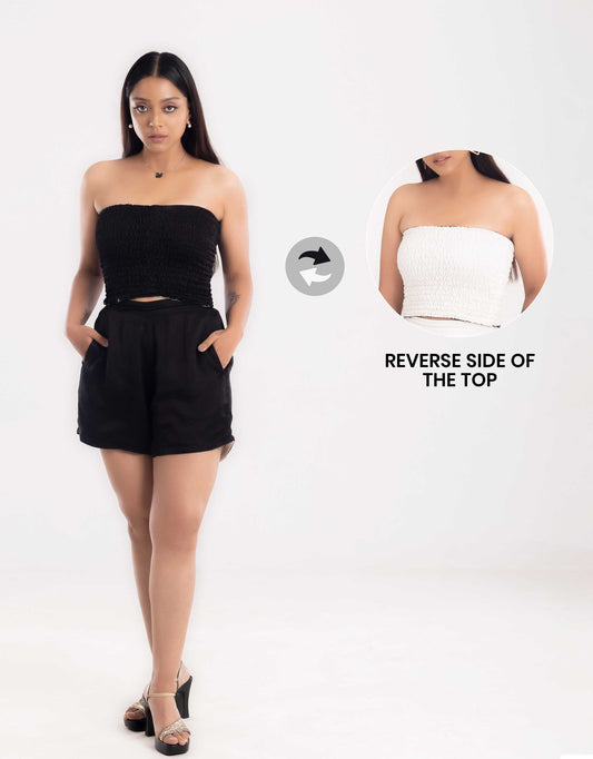 Display of Hueloom's black reversible bandeau top in front view with reverse side shown