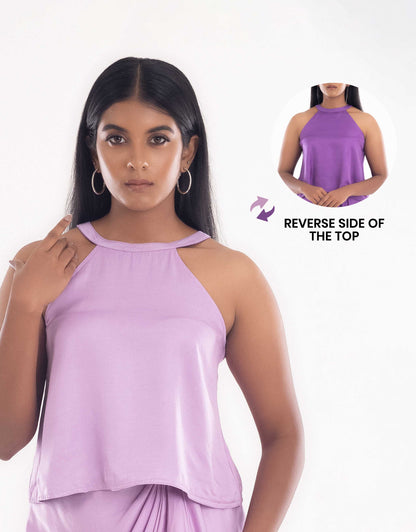 Hueloom lavender reversible halter top: front view of a versatile outfit option.