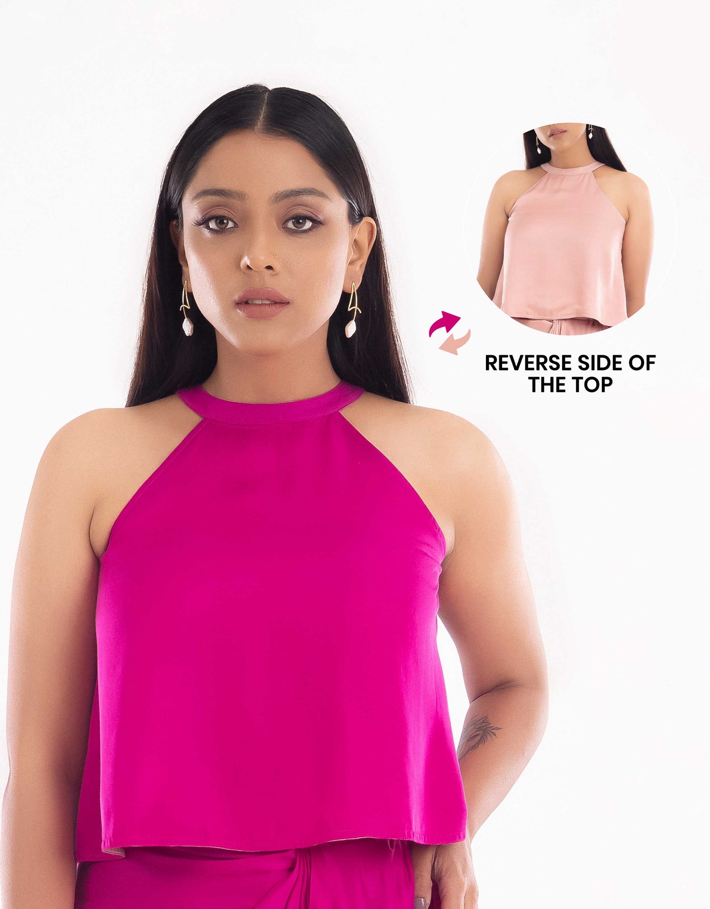 Hueloom pink reversible halter top: front view of a versatile outfit option.