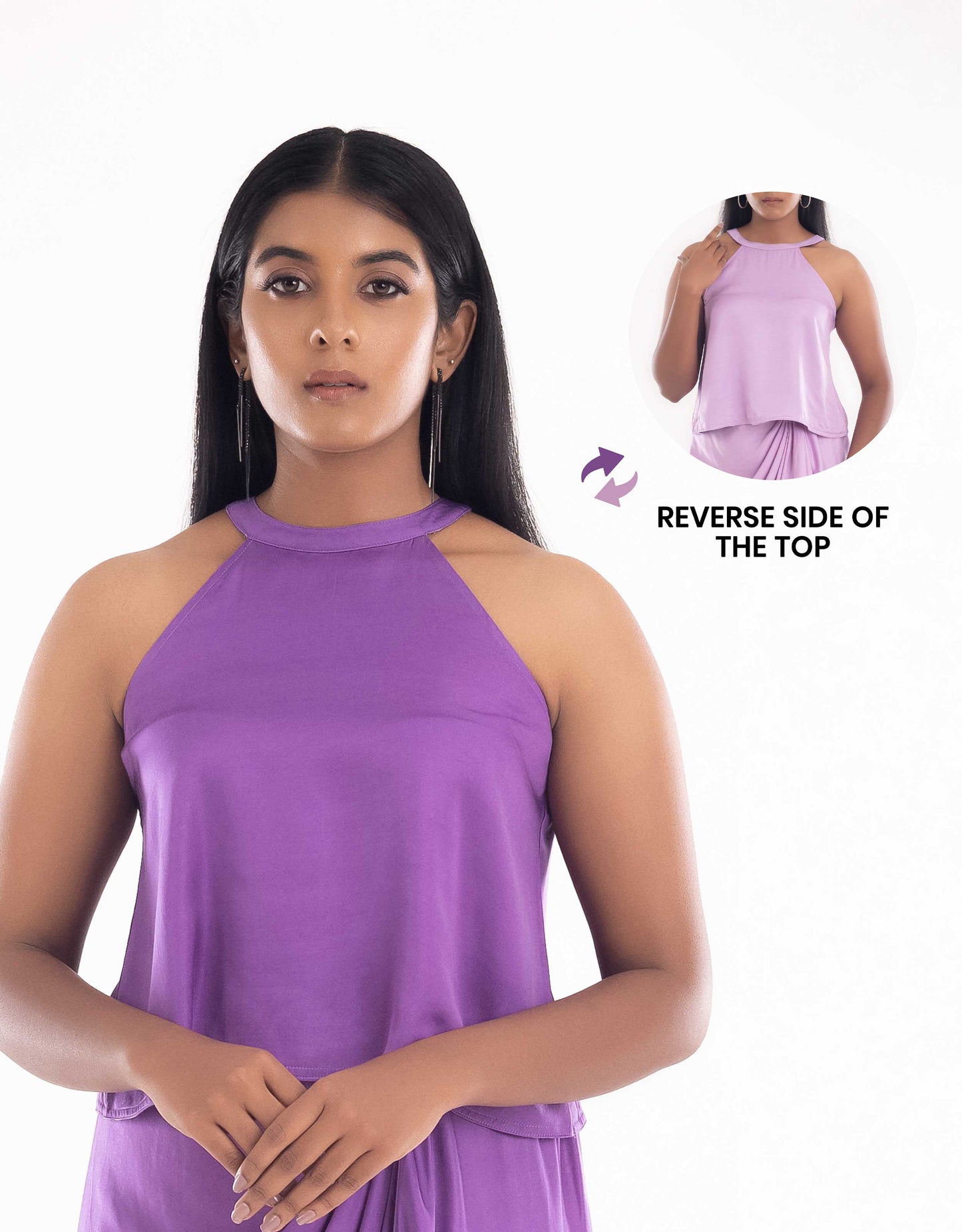 Hueloom purple reversible halter top: front view of a versatile outfit option.