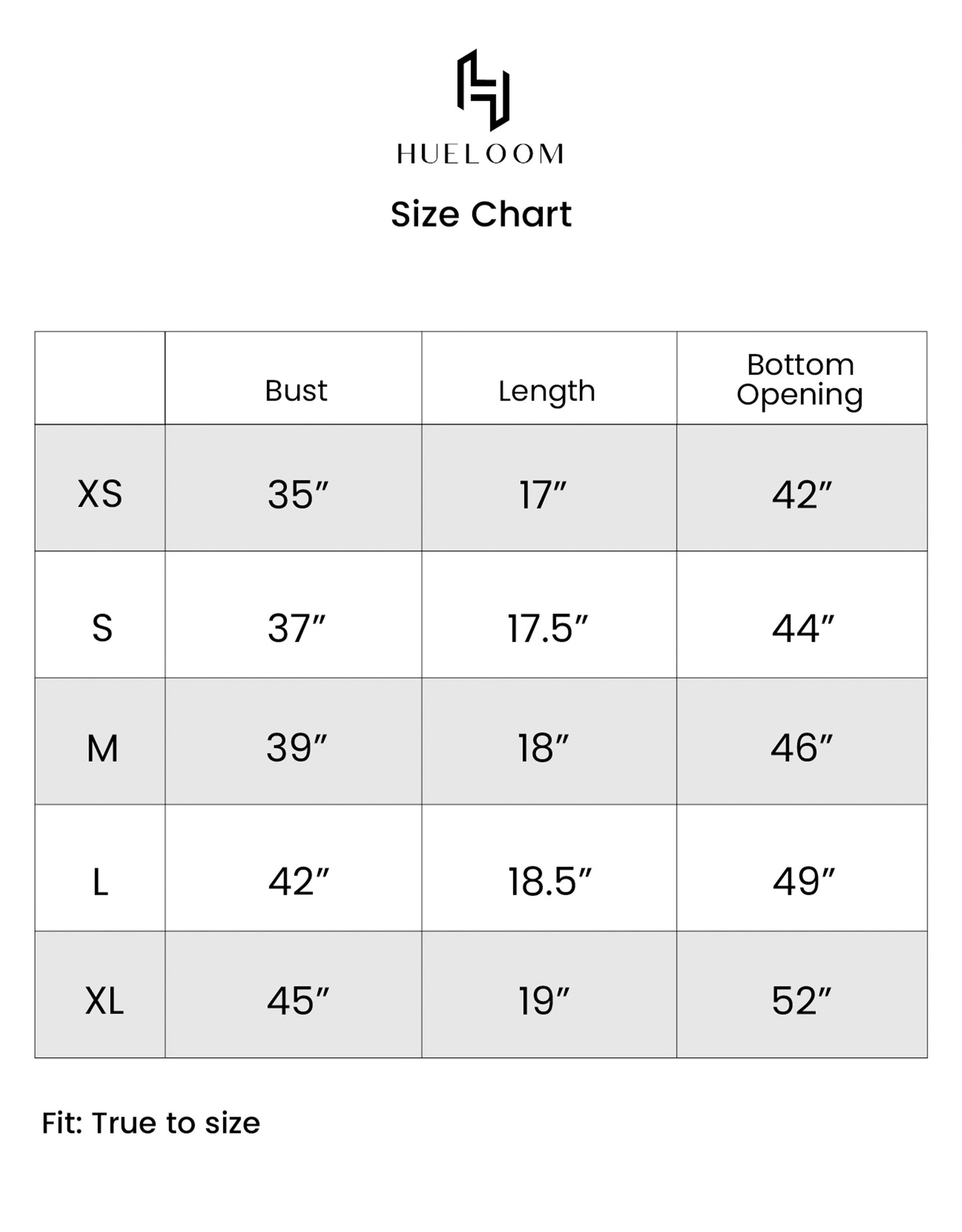 Hueloom's size chart guide for sizes XS, S, M, L, XL for reversible halter top