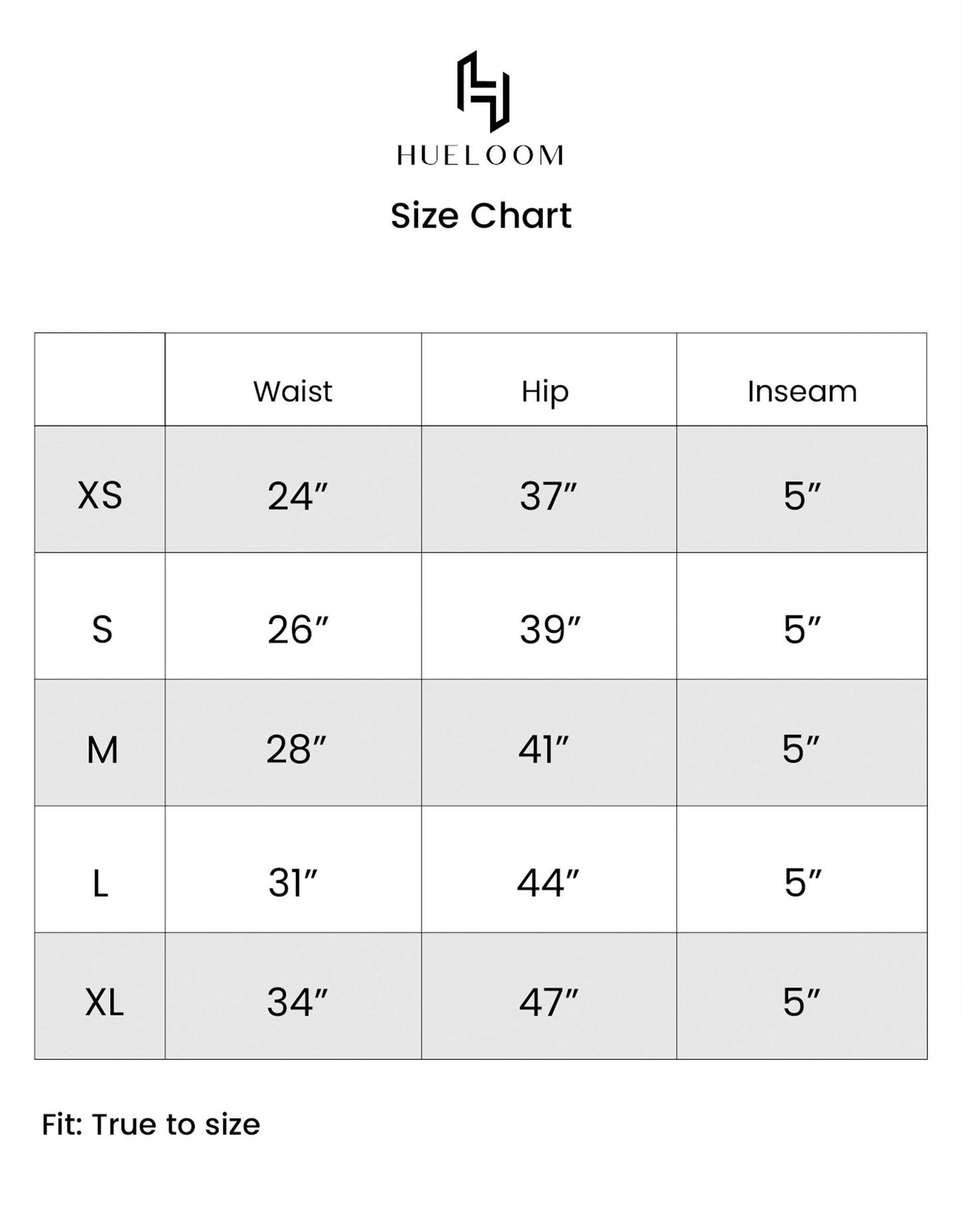 Hueloom's size chart guide for sizes XS, S, M, L, XL for suave reversible shorts