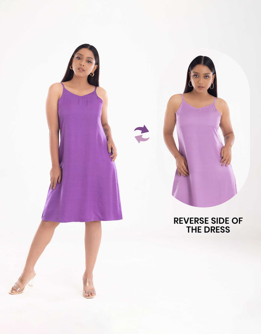 Hueloom's Sway Reversible Slip Dress in purple, front view with reverse side displayed.
